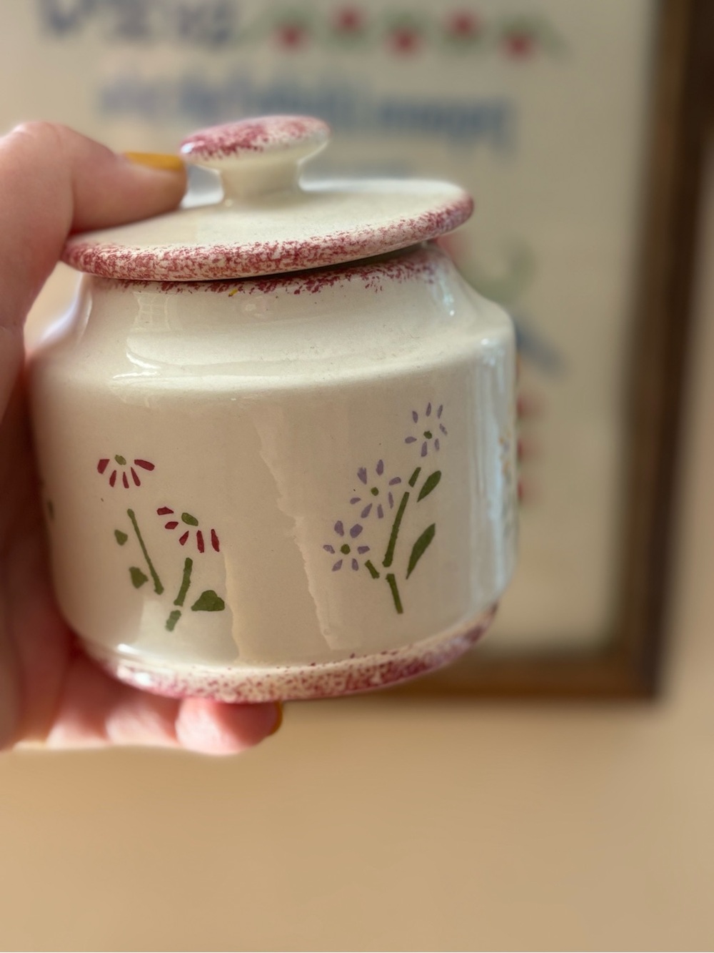 Cream Floral Ceramic Jar with Pink Speckled Rim
